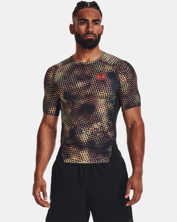 Men' HeatGear® Armour Compression Printed Short Sleeve, Black, pdpMainDesktop image number 0